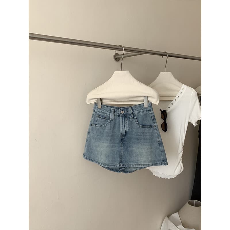 Perna-fina americana Retro Denim saia feminina mais magro olhar Hip-coberto Culottes saia curta 0535
