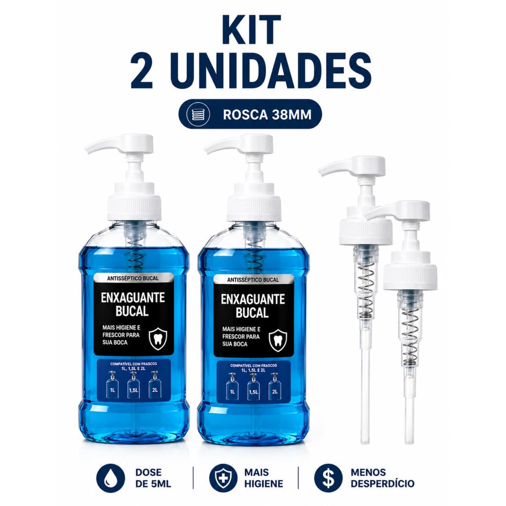 PUMP DOSADOR 5ML ROSCA 38 KIT 2 UNIDADES P/ ENXAGUANTE BUCAL