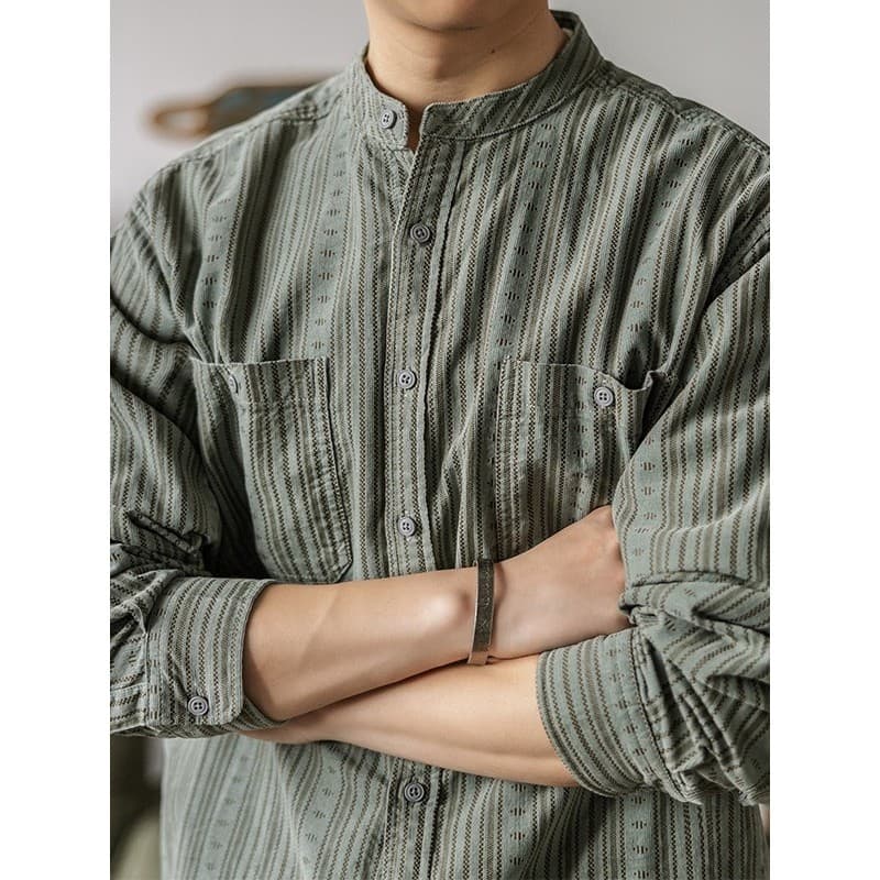 Americano Retro estilo étnico em torno do pescoço camisa de manga comprida masculina estilo japonês primavera outono lis