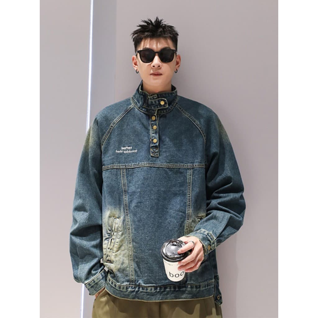 Influenciador gola alta Workwear Denim moletom jaqueta masculina outono americano Retro High Street rufião bonito Uni