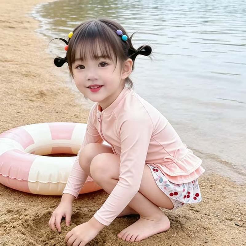 Maiô infantil de verão, protetor solar de secagem rápida para meninas, saia floral de duas peças, estilo dividido, manga