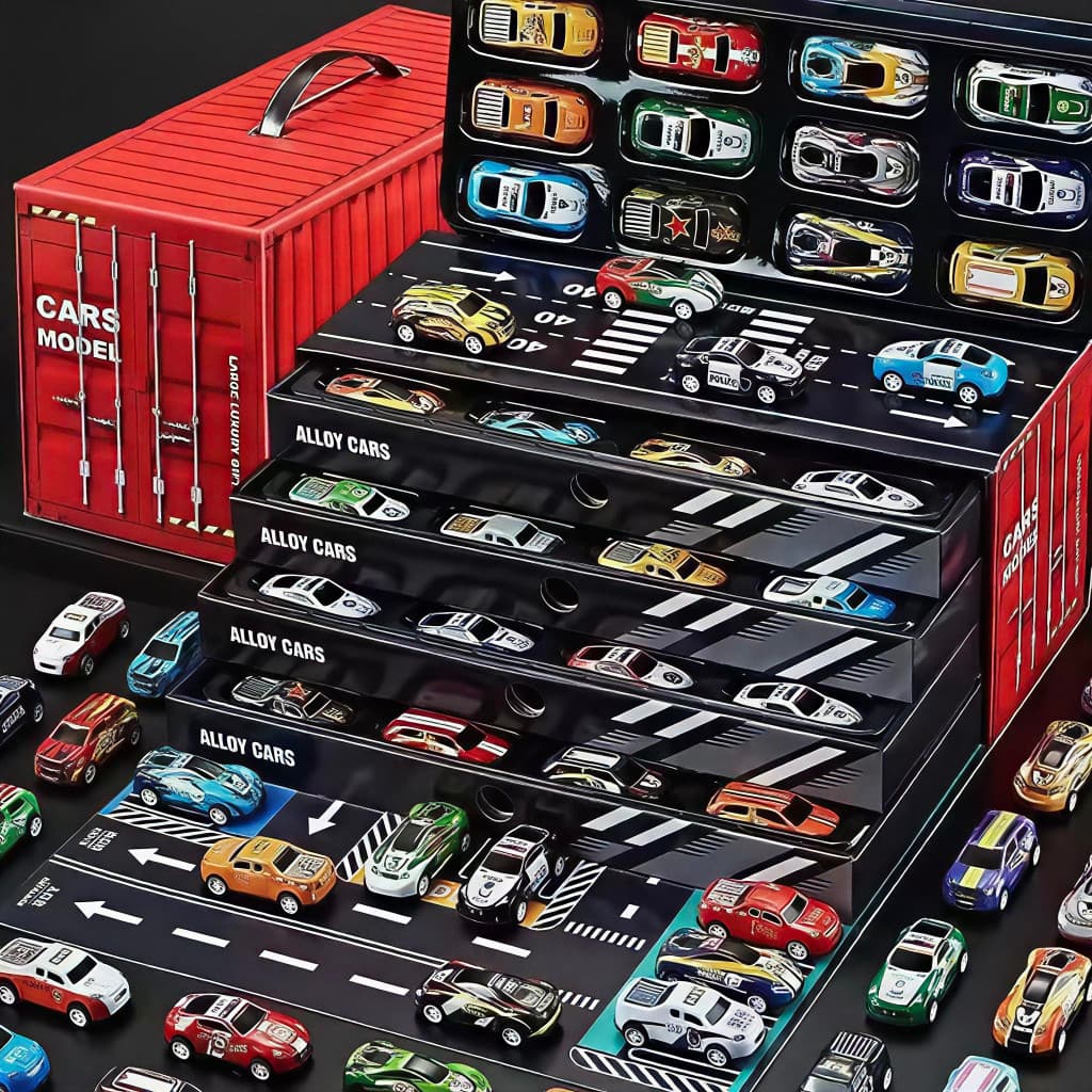 Kit 48 Carrinhos de Fricção Metal Coloridos + Container que Vira Pista, Brinquedo Infantil Interativo Presente🎁