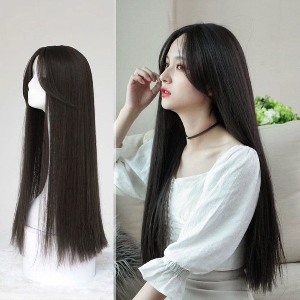Peruca feminina longo cabelo reto médio longo cabelo oito caracteres franja moda fofo conjunto de peruca Natural versão