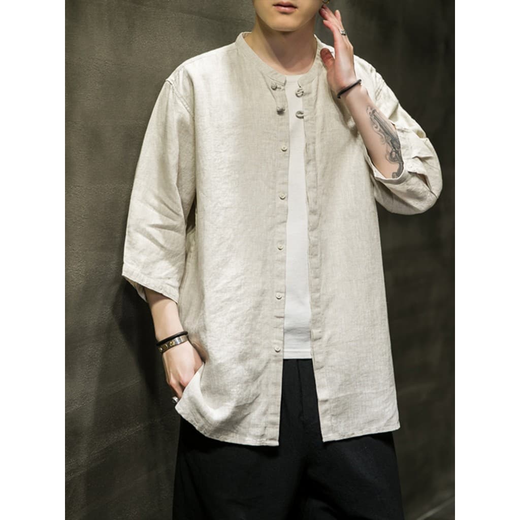 Camisa de linho estilo chinês estilo chinês Tang terno solto algodão linho 5 pontos meia manga camisa masculina Retro li