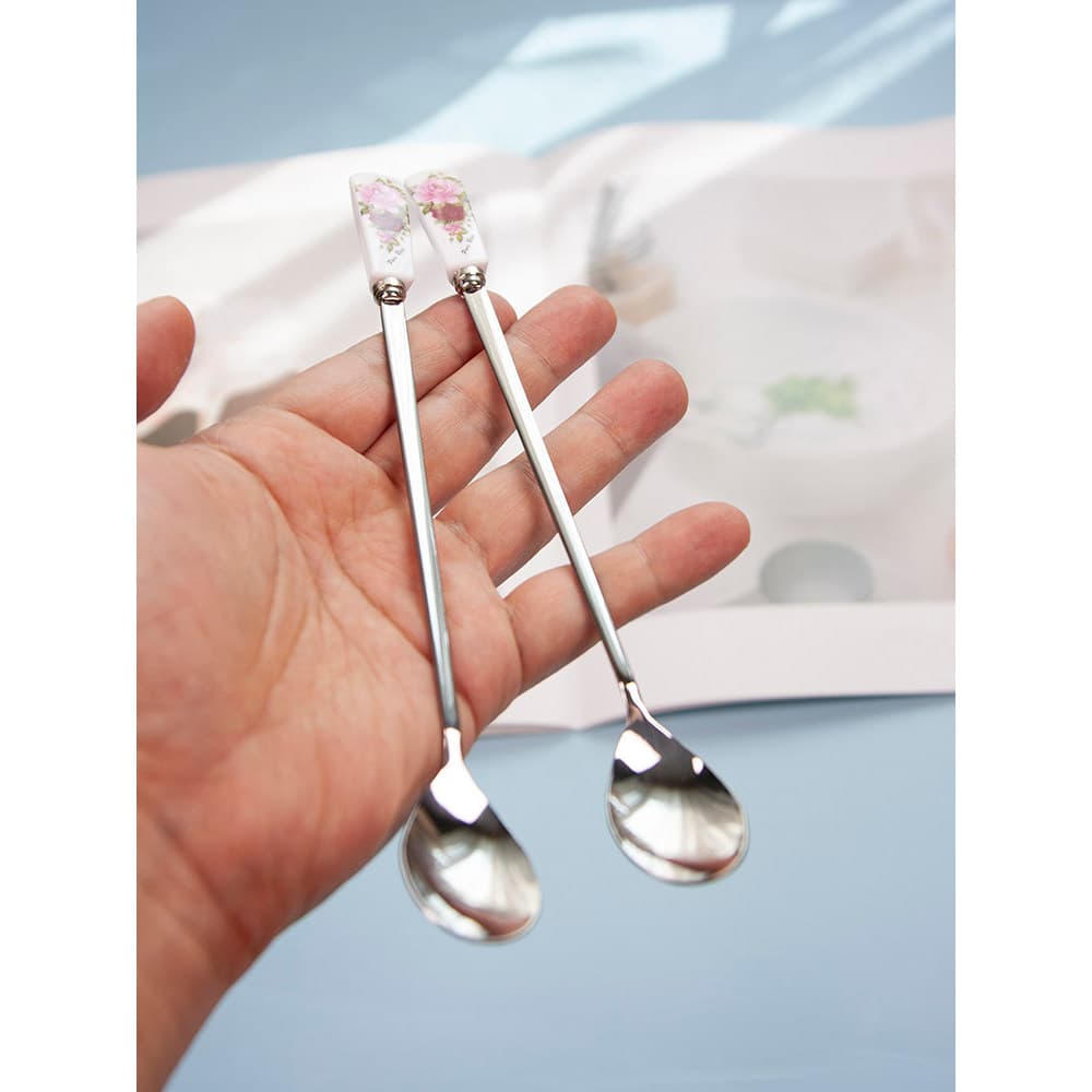 Coreia importada rosa padrão alça longa colher de café suco mel mexendo colher de aço inoxidável sobremesa bolo colher