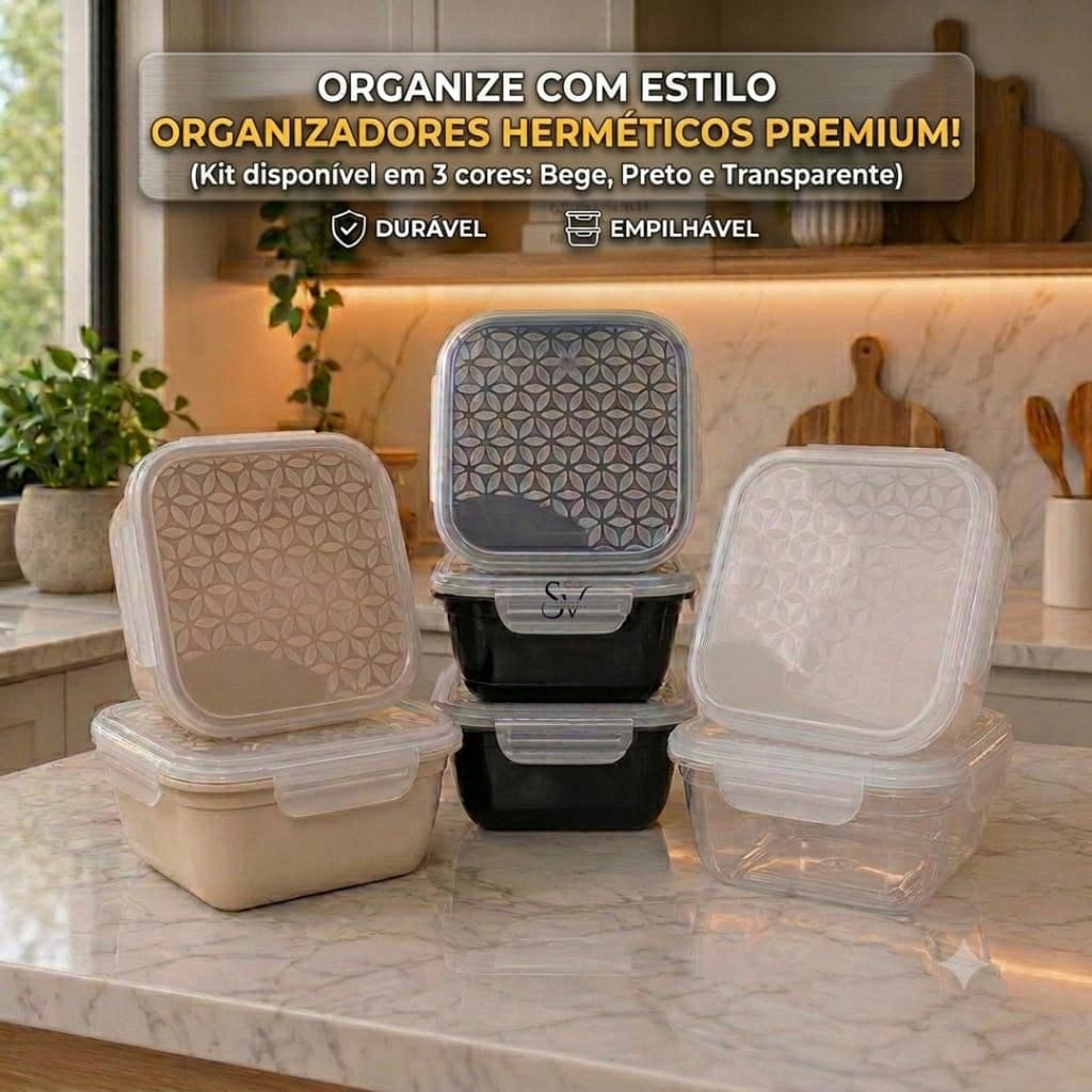 Kit 5/10 Potes Hermético 800 ml Quadrado 4 Travas Marmita Premium