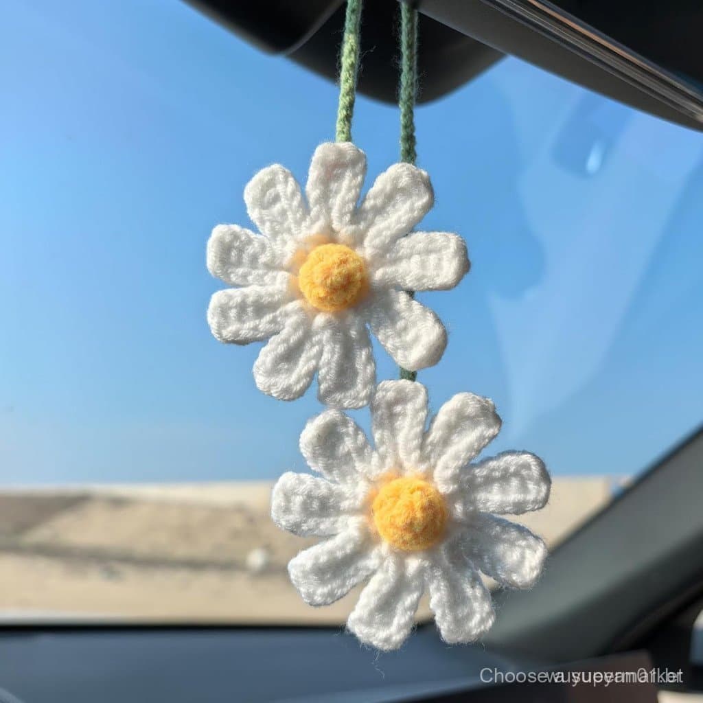 Acessórios para Carro, Margarida de Crochê para Mulheres, Lindos Enfeites Artesanais para Pendurar no Retrovisor, Presen