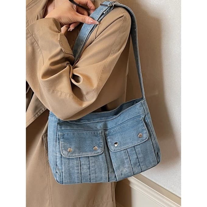 2025 novo estilo elegante All-Match bolsa de ombro feminina grande capacidade Commuter Denim sacola Casual grande @
