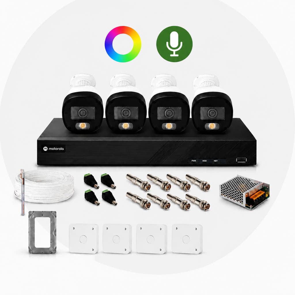 Kit CFTV Color MDX 4 Câmeras Full Color com Áudio DVR Motorola 4 Canais HD 500GB
