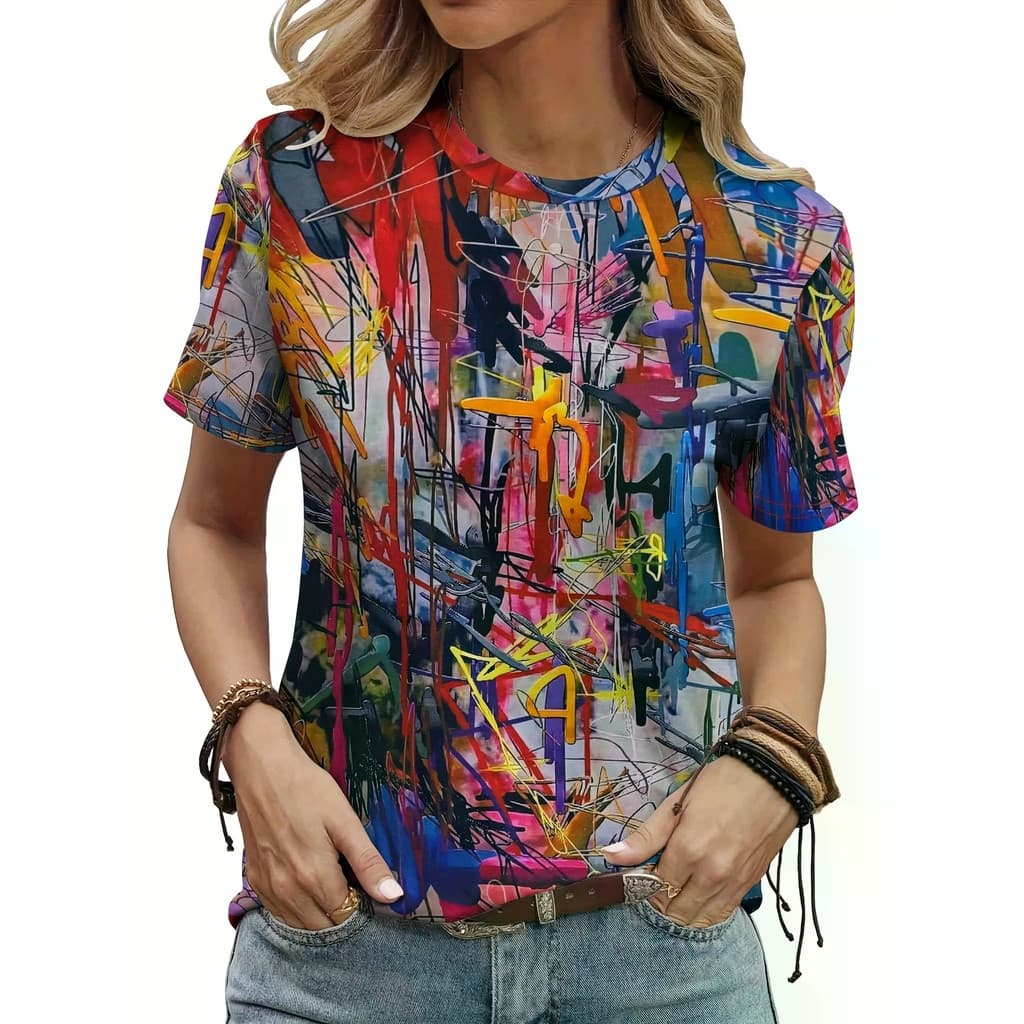 Levante-Se Nesta Atraente Camiseta De Arte De graffiti ! Tecido Macio E Respirável , Gola Redonda , Mangas Curtas Um abs