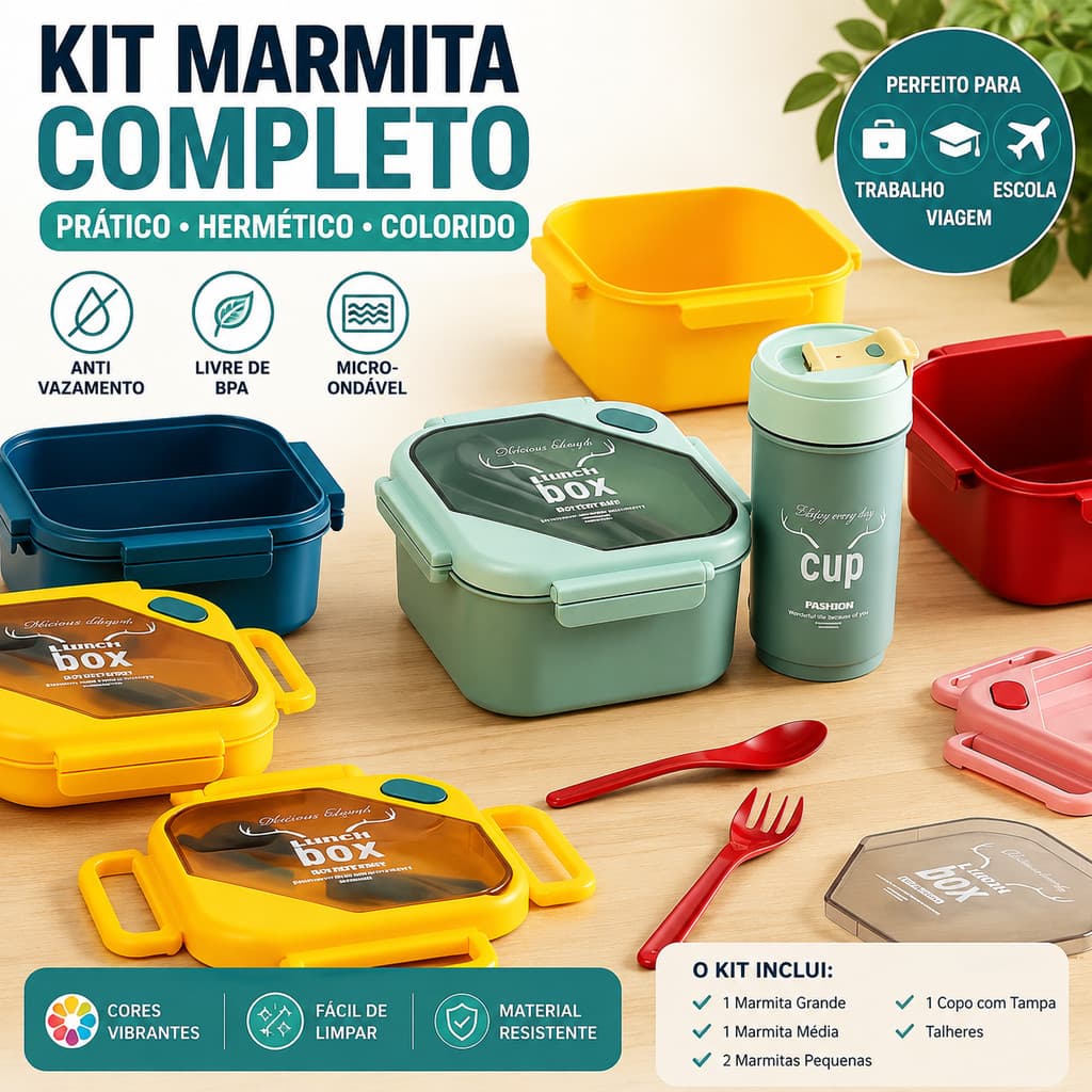Kit Marmita + Garrafa + Talheres - Hermético, Anti-Vazamento para Trabalho, Escola e Viagem