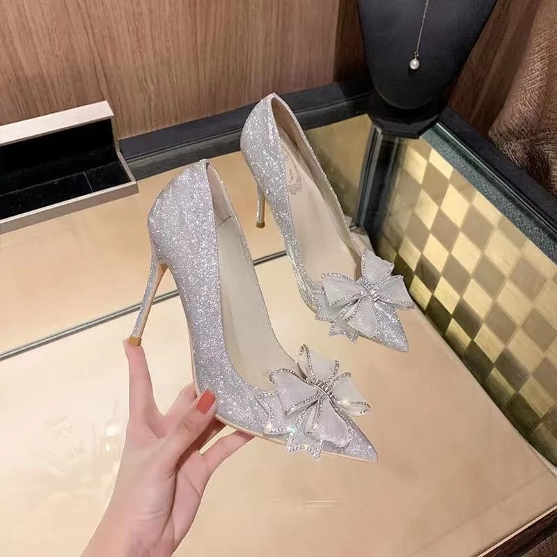 Mais Novo Cinderela Sapatos Strass Salto Alto Bombas Femininas Dedo Do Pé Apontado Mulher Cristal Festa De Casamento zap