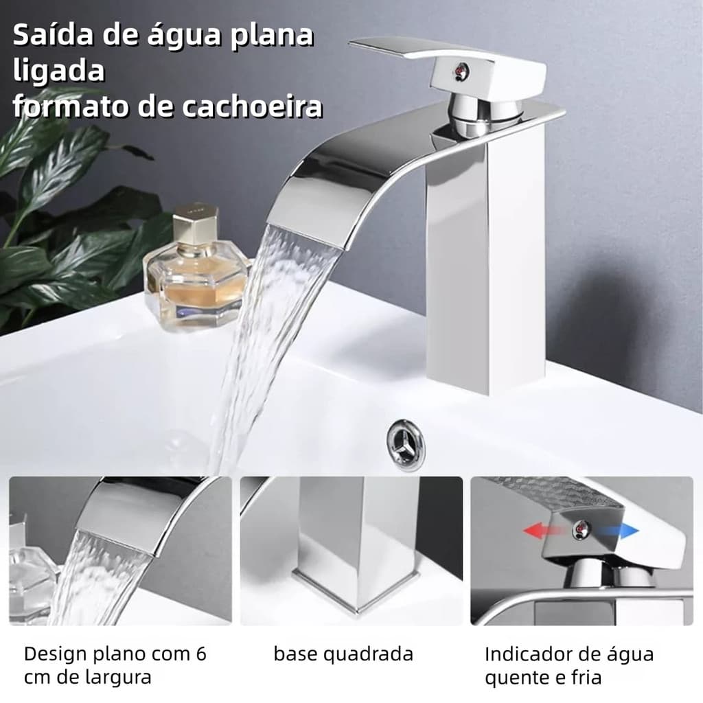 Torneira misturadora de banheiro de alça única, equipada com torneira cascata baixa cromada