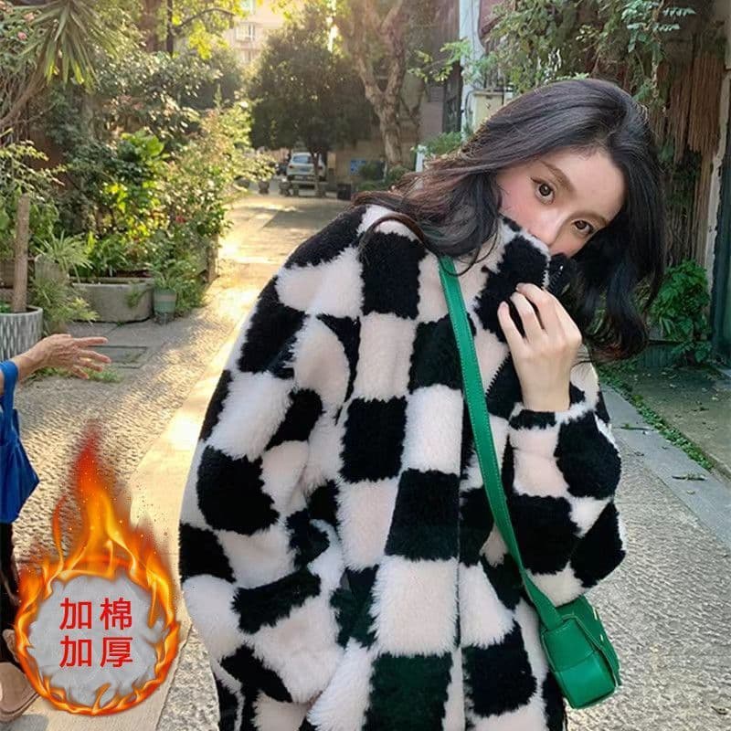 Influencer jaqueta xadrez feminina inverno engrossado quente solto estilo jovem pele sintética lã de cordeiro casaco de