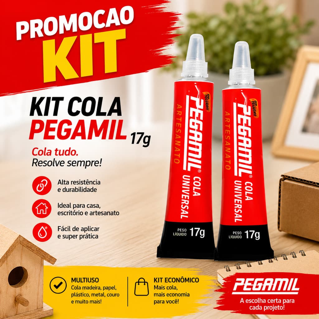 Kit 1/2/3/4/5 Cola Pegamil Universal 17g – Cola Forte Multiuso para Artesanato, EVA, Papel, Madeira e DIY