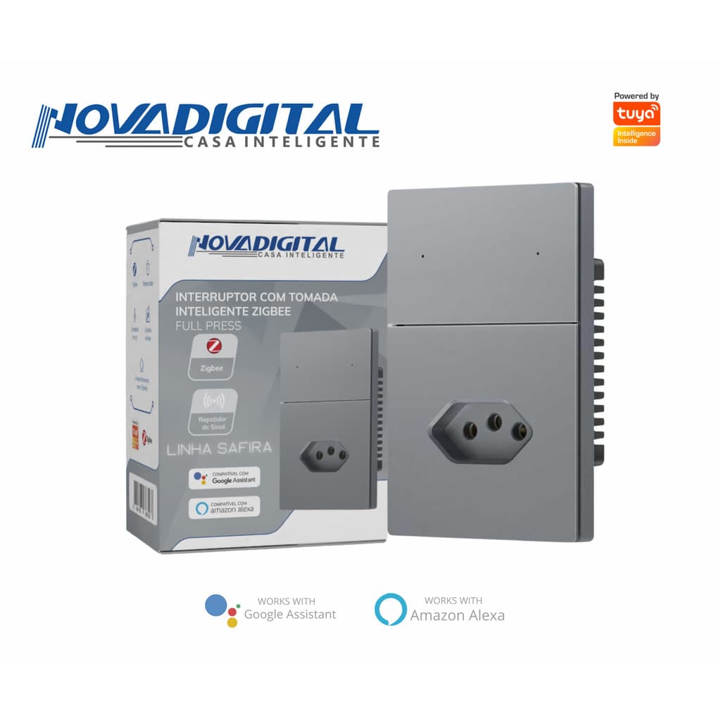 Interruptor Inteligente Zigbee Novadigital 2 Botões com Tomada Safira CINZA 20A 110-220v SA-WK-2C
