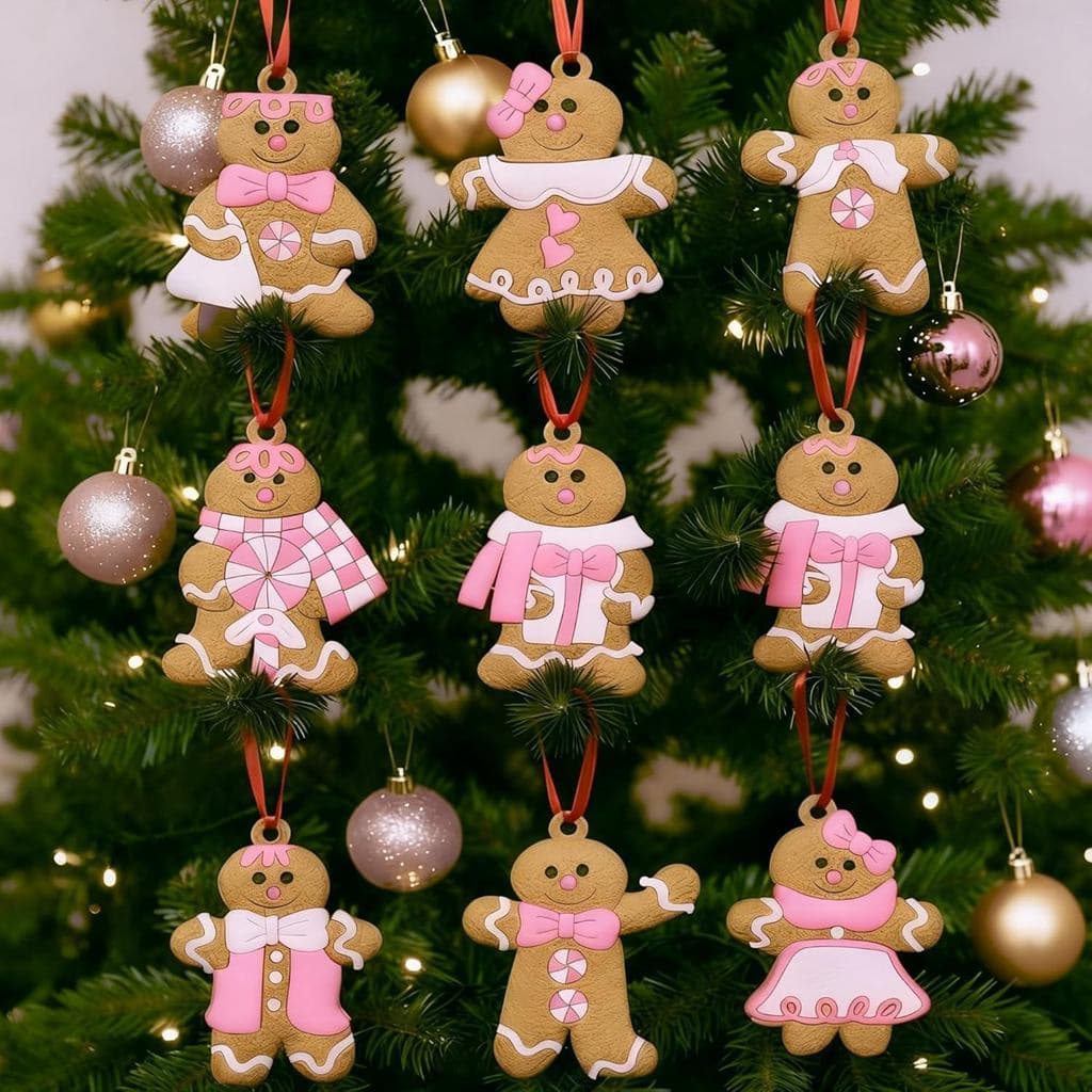 Mimorou 32 Pcs Pink Gingerbread Man Christmas Tree Decorations Pastel Gingerbread Christmas Hanging Decorations Soft PVC