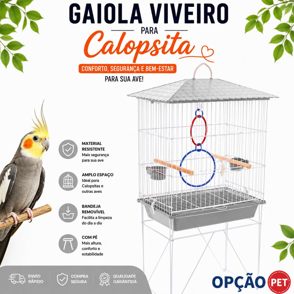 Gaiola Viveiro para calopsita + ACESSÓRIO UM JOGO DE ARGOLA COLORIDA mansa teto plástico na cor Branco - OPÇÃO PET