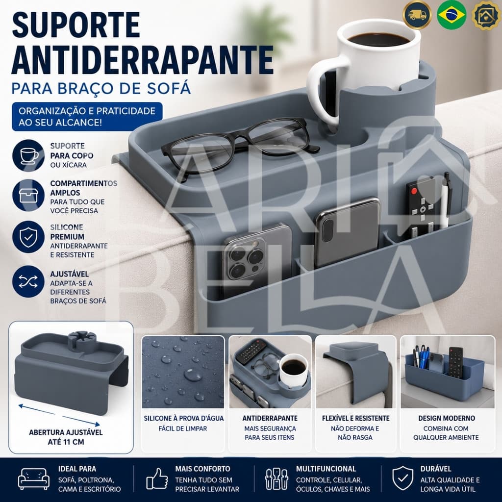 Suporte Organizador para Braço de Sofá em Silicone Antiderrapante Porta Copo Controle Celular