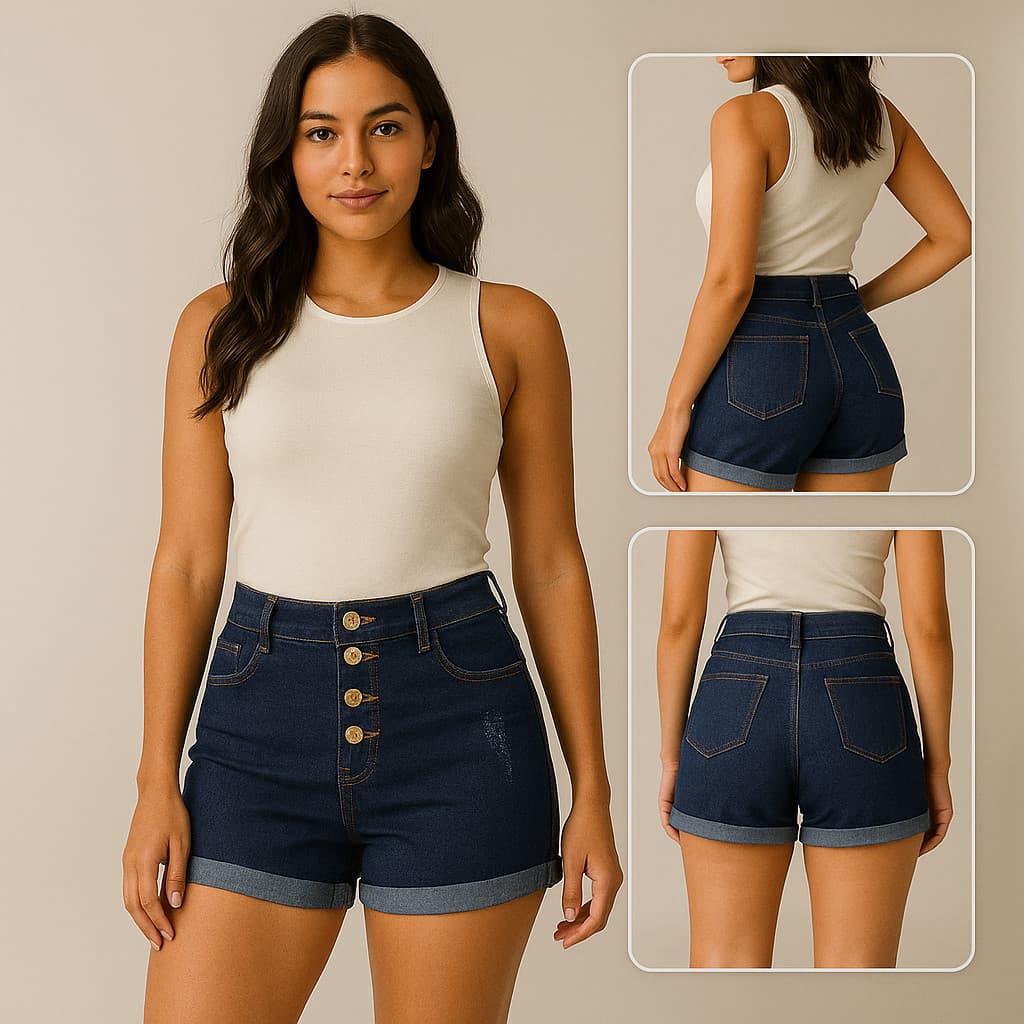 Short Jeans Dark Premium: Cintura Alta com Botões Dourados e Lycra ModaZ