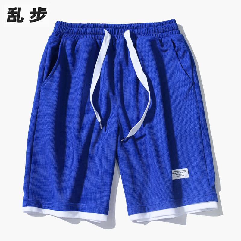 Falso de duas peças Waffle calças cortadas calças masculinas Shorts estudante esportivas soltas calças casuais de
