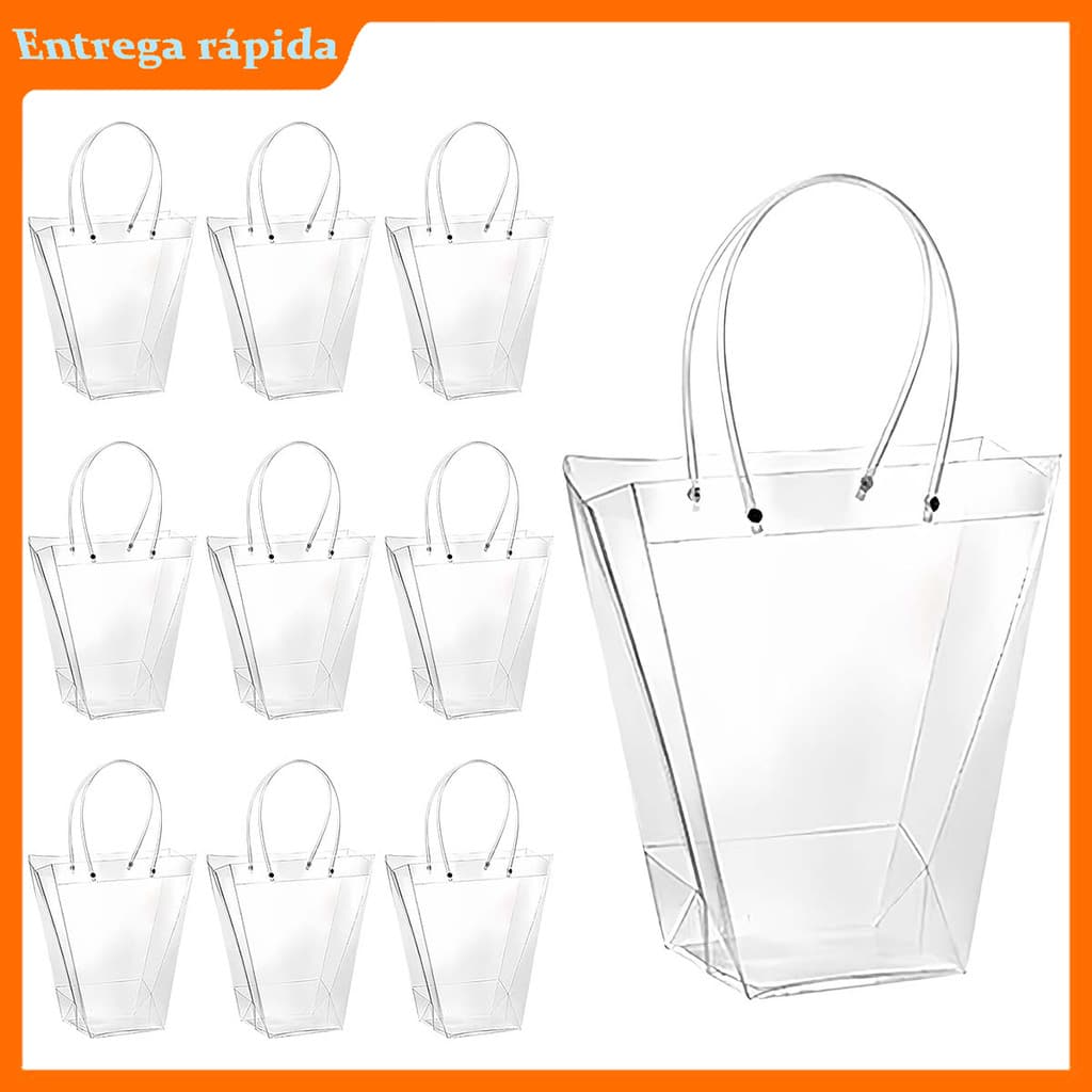 10 peças saco de presente pequeno Trapezoidal transparente, saco de flores, saco de presente transparente com alça