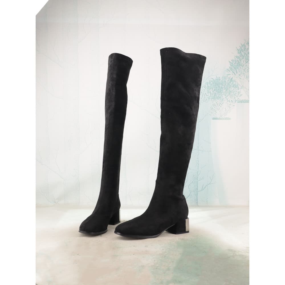 Camurça dedo do pé quadrado Metal sapatos femininos de salto médio botas femininas acima do joelho botas altas botas elá