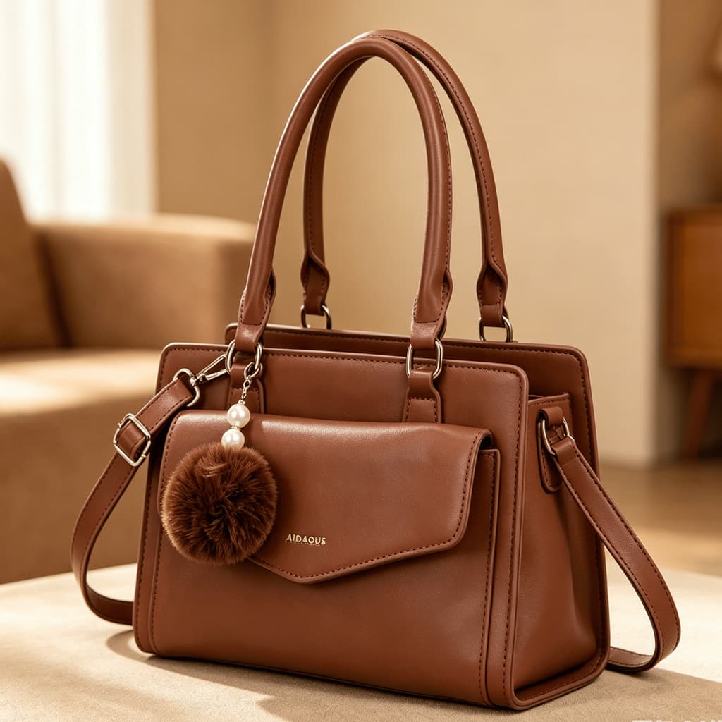 bolsa feminina de mao para trabalho com pompom de pelo sintetico e alça de ombro ajustavel