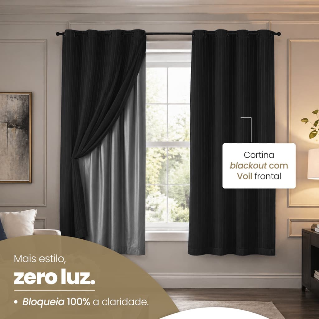 Cortina Blackout + Tecido Voil 2M de largura x 1,40M de Altura Blecaute Pvc Corta Luz Total