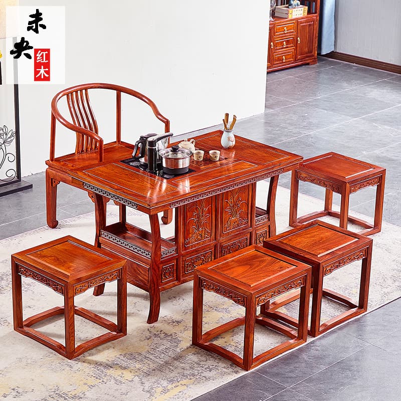 Mesa de chá para beber em mogno Combinação de cadeira Mesa de chá Madeira maciça Estilo chinês Africano Rosewood Ouriço