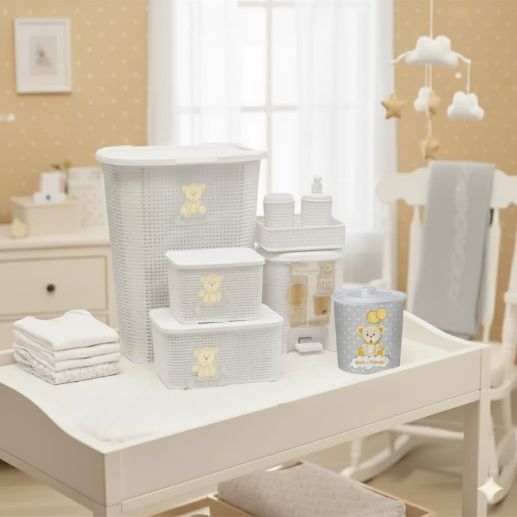 Kit Organizador Quarto Bebê completo Rattan Cesto Lixeira Caixa Multiuso