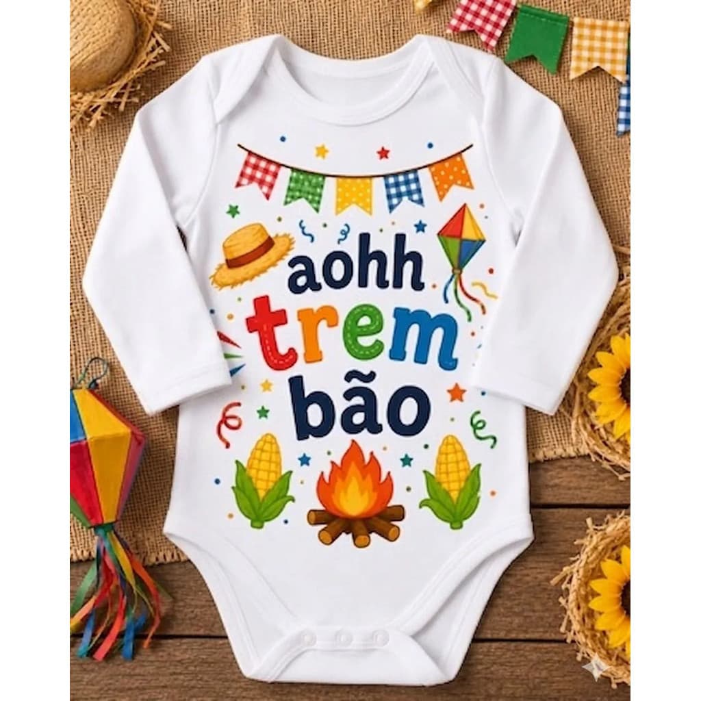 Body Bebê Manga Longa Curta Festa Junina Aoh Trem Bão Arraiá Pula Fogueira São João