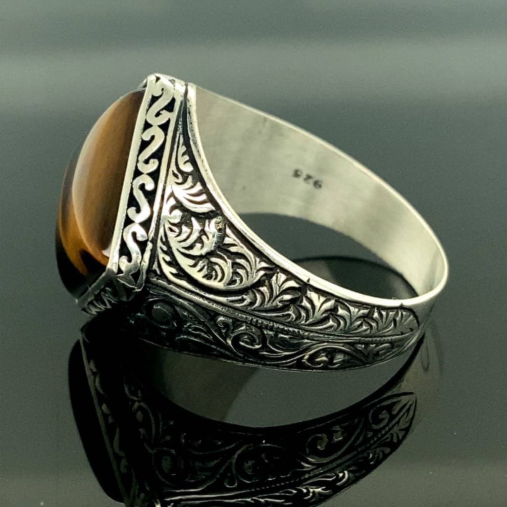 Anel Turco Vintage Para Homens Mulheres Inlaid Brown Tiger Eye Stone Rings Punk Moda Religiosa Muçulmana Jóias Islâmicas
