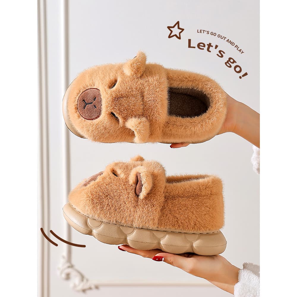 Kapibara chinelos de algodão masculino inverno calor forro de lã antiderrapante casa pai-filho salto algodão peludo