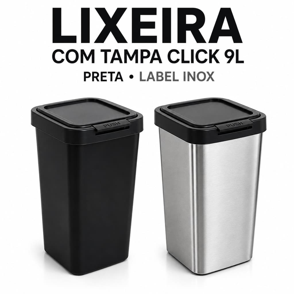 Lixeira 9L Arqplast Abertura Click Inox Metalizado ou Preta Cozinha Banheiro Kit 1 2 3 ou 4 Unidades