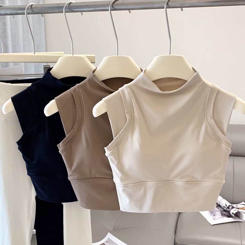 Fitness sem mangas colete esportivo Lycra nu alta elástica copo fixo de secagem rápida estilo Hepburn gola alta Yoga sut