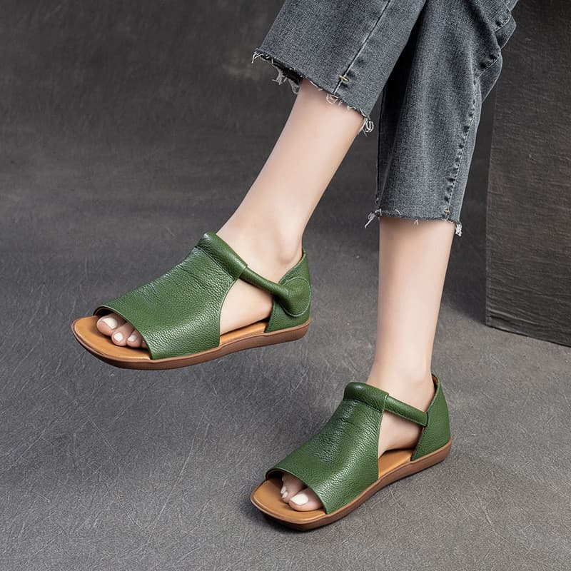 Verão novo estilo boca de peixe plana oco sandálias superfície macia camada superior couro Casual confortável sapatos fe