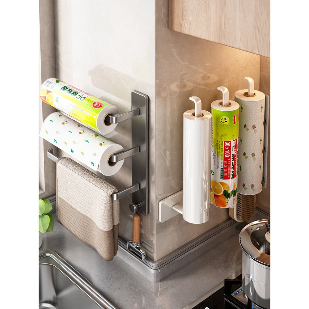Toalheiro de papel de cozinha, cabide de papel sem perfuração, rolo de plástico, suporte de armazenamento de papel, rack