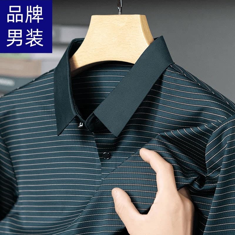 [Caide de seda gelada] Marca de verão masculina camisa POLO listrada fina Casual All-Match respirável Top de manga curta