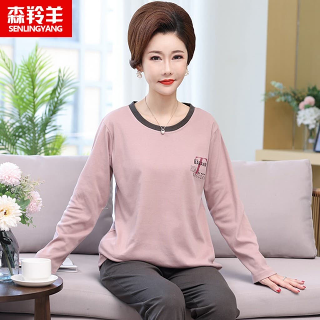 Pijamas femininos primavera outono novo estilo puro algodão manga comprida Loungewear mães idosas de meia-idade