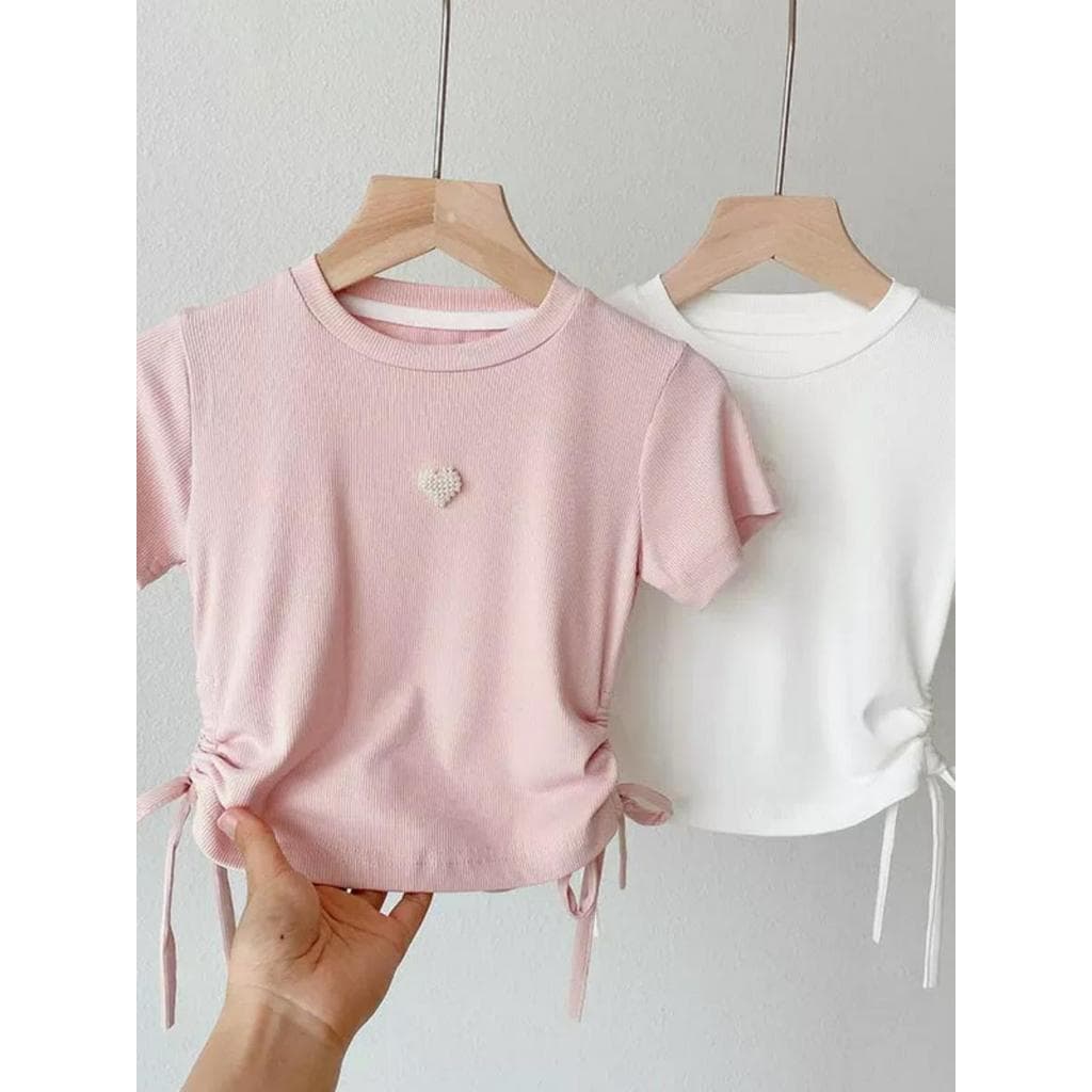 2025 verão novo estilo meninas amor camiseta topos médio pequeno crianças cordão em torno do pescoço All-Match Casual do
