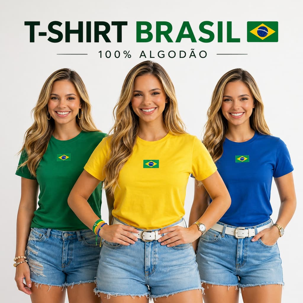 Camiseta Brasil Bordada Copa 2026 Feminina 100% Algodão Fio 30.1 Premium Torcedora Verde Amarela Azul