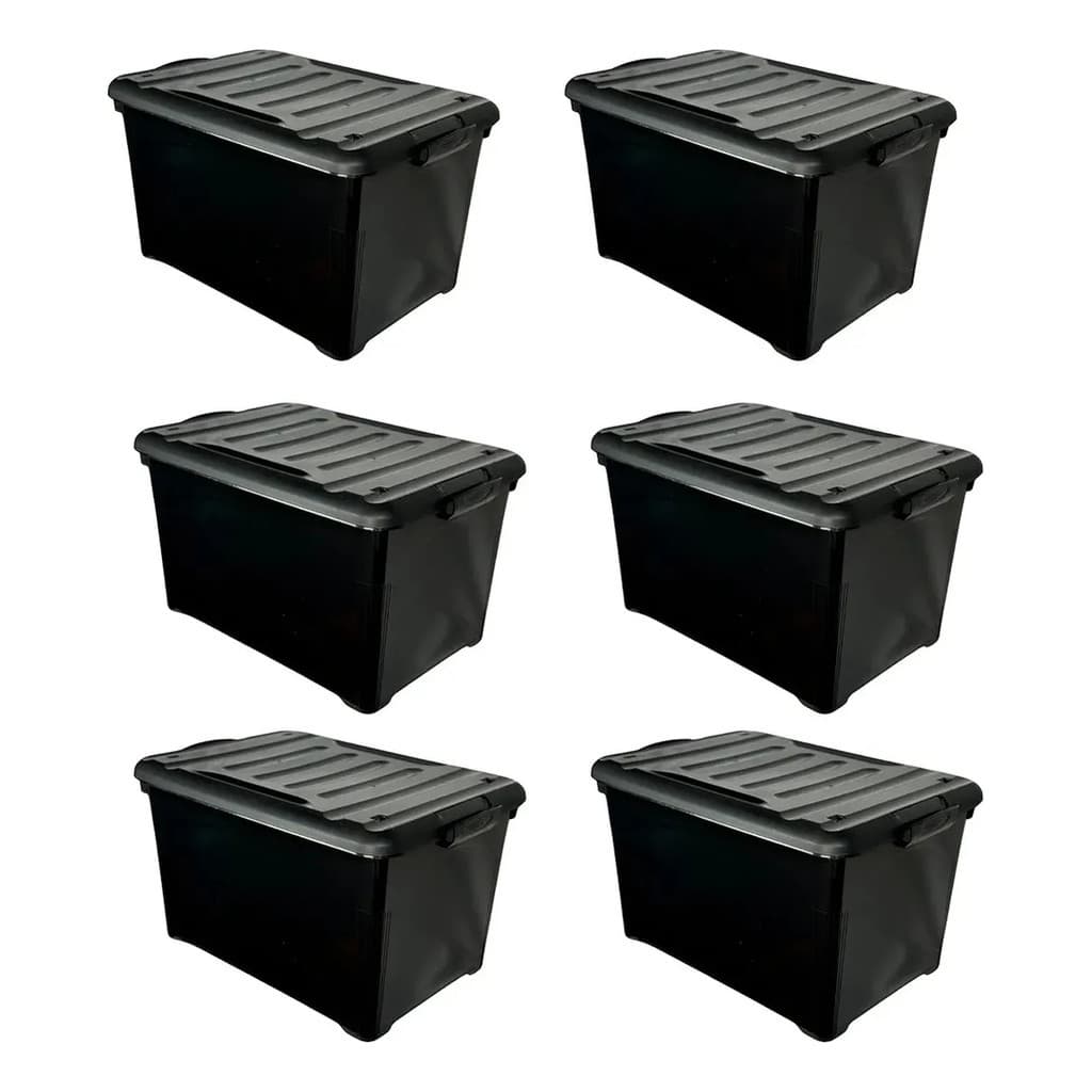 Kit Caixa Organizadora 65L Black com Travas e Rodinhas Plástico Resistente Multiuso Casa Quarto