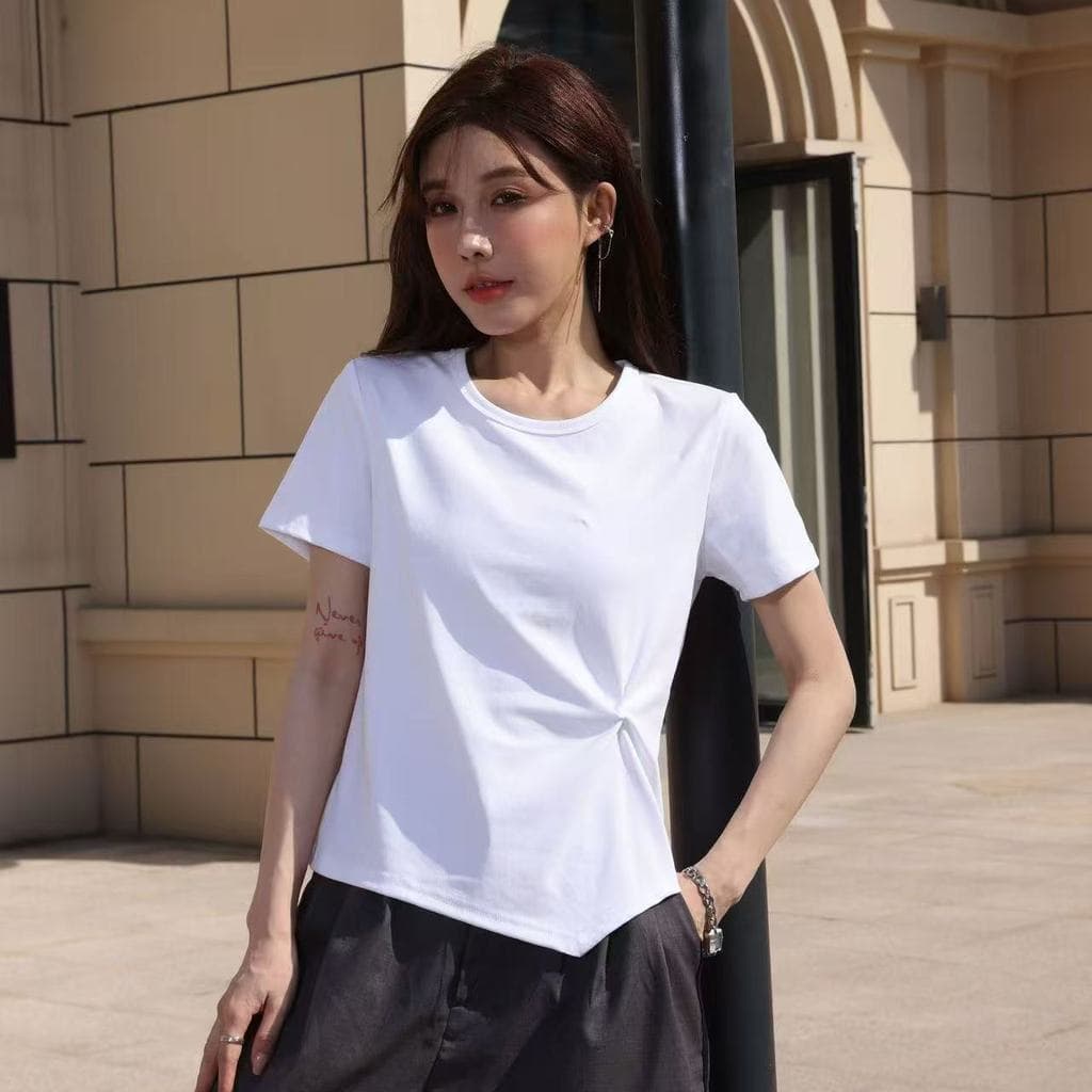 High-End sentimento Formal ombro curto atado camiseta feminina verão fino-ajuste crochê Design fenda Irregular topo de m