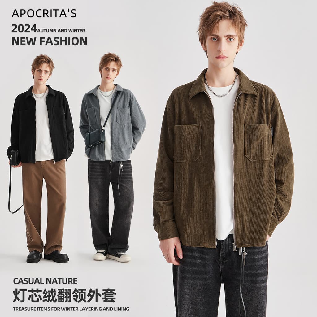 Roupas Masculinas|Outono inverno novo estilo camisa de veludo masculina High-End solto zíper lapela camisa de manga comp