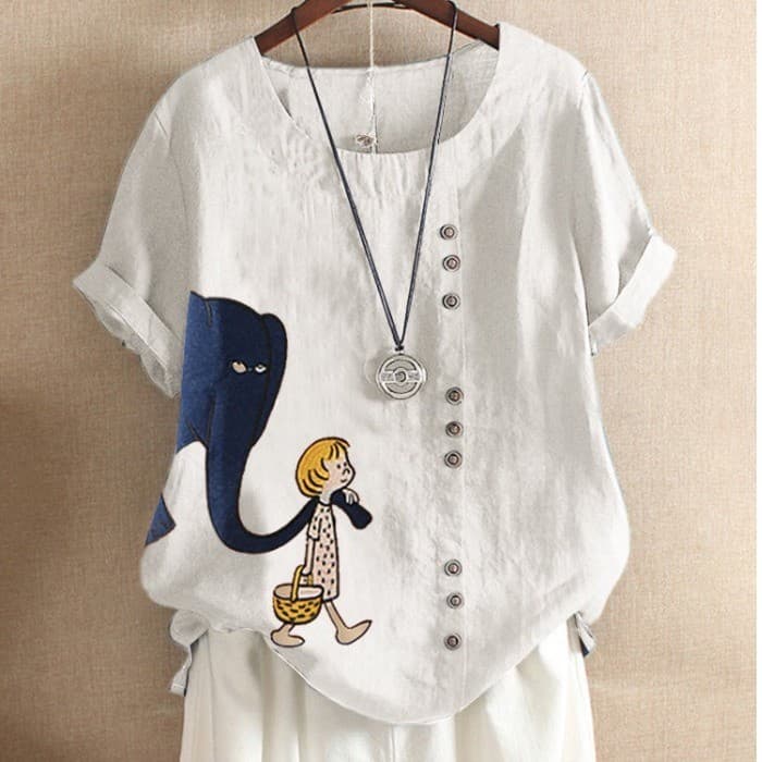 Amazon deseja AliExpress blusa feminina de manga curta com estampa de desenho animado retrô algodão linho solta