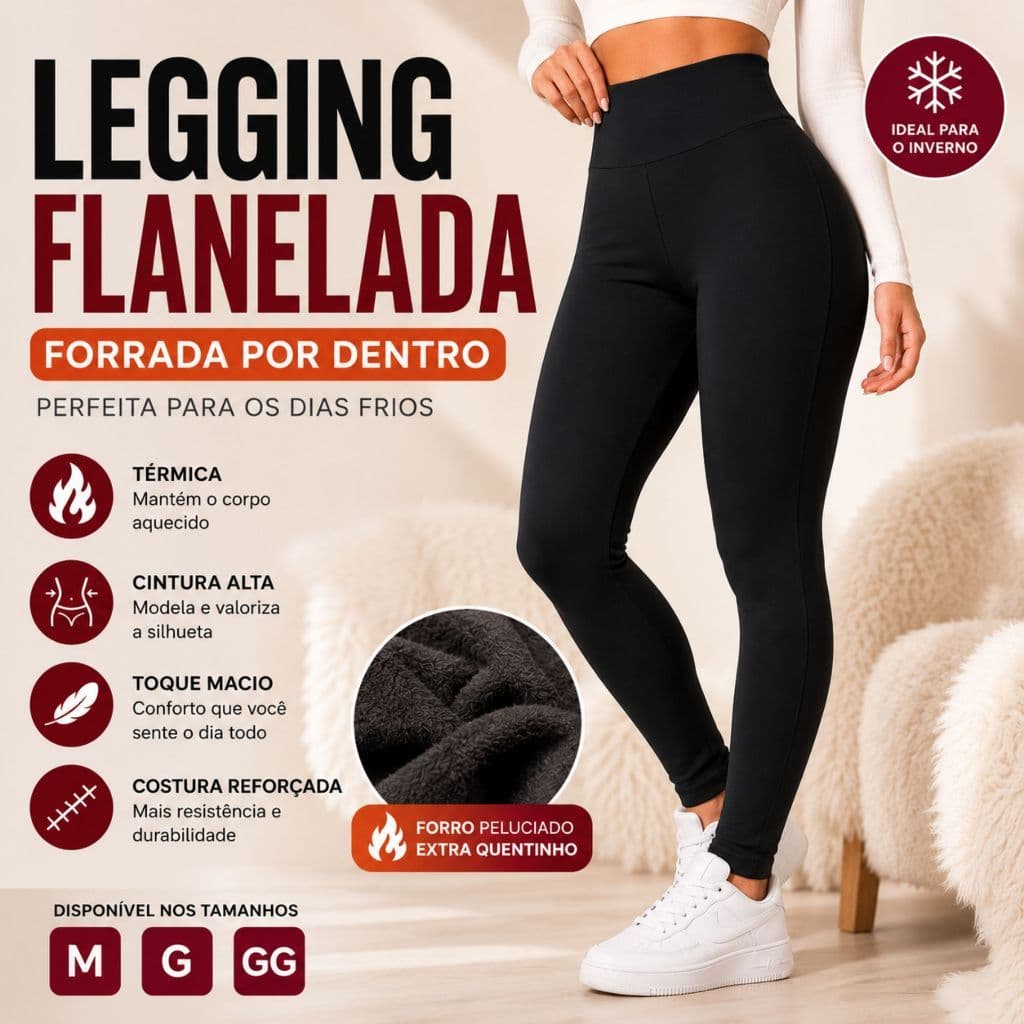 Calça Legging Flanelada Peluciada Térmica Feminina Cintura Alta Forrada Por Dentro Grossa Inverno