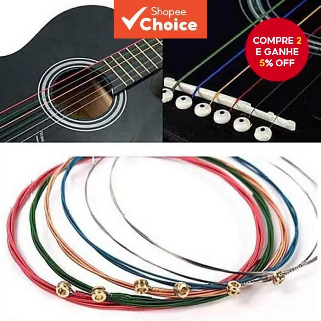 Conjunto de 6 cordas acústicas para violão, E-A, cores do arco-íris, ideal para violão folk e clássico.