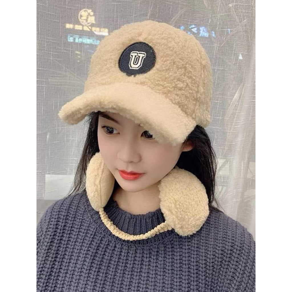 Versão coreana carta única Earmuffs chapéu de pico feminino outono inverno velo-velo quente proteção de ouvido integrado