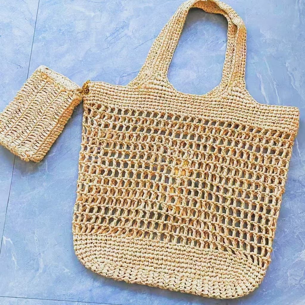 Bolsa de praia de grande capacidade, usando tecido de palha oca, feita à mão para lazer, bolsa de ombro de férias de nov
